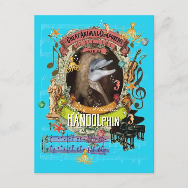 Handolphin Funny Dolphin Animal Composer Händel Postkarte (Vorderseite)