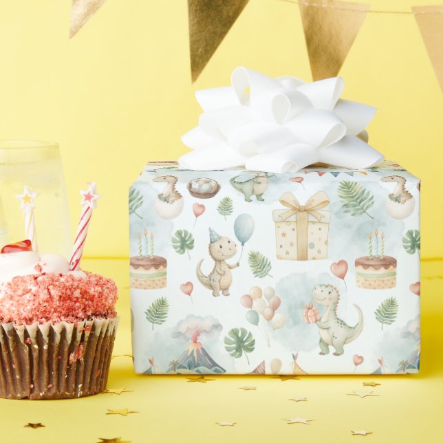 HandPainted Birthday Dinos Wrapping Paper Roll Geschenkpapier (Geburtstagsparty)