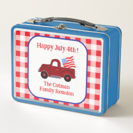 Handpainted Vintage Truck July 4th Flag Red Check Metall Brotdose
