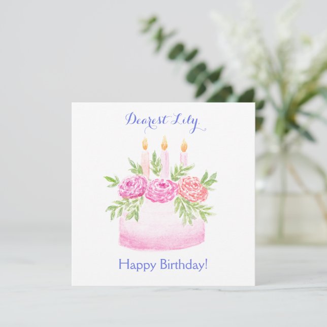 Handpainted Watercolor Floral BIRTHDAY Cake CARD (Stehend Vorderseite)
