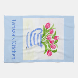 Handpainted Watercolor Tulips, Blue Stripe Pitcher Geschirrtuch