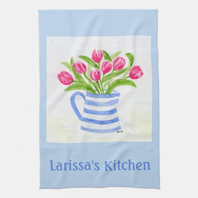 Handpainted Watercolor Tulips, Blue Stripe Pitcher Geschirrtuch (Vertikal)