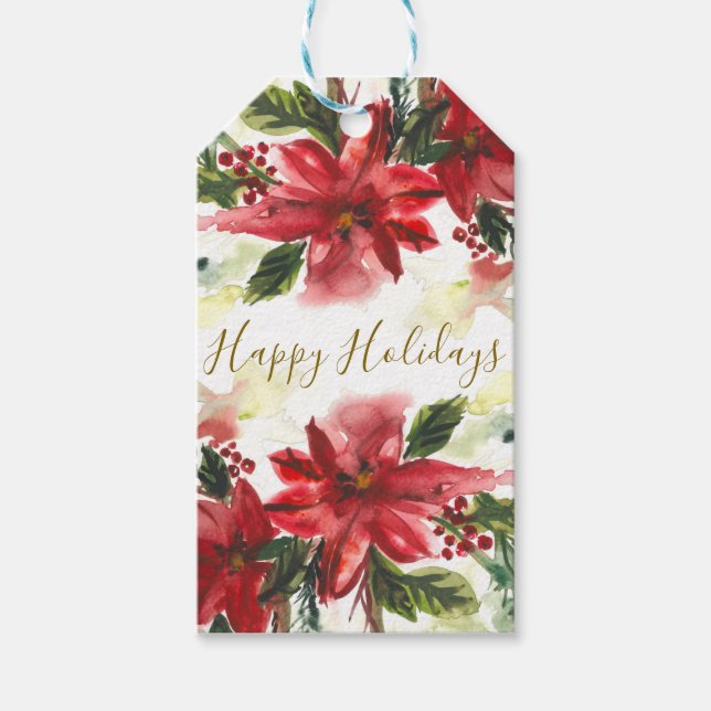 Handpainted Watercolour Poinsettas Geschenkanhänger (Vorderseite)