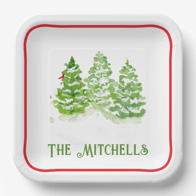 Handpainted Winter Trees PERSONALIZE NAME Pappteller (Vorderseite)
