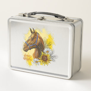 Handpferd mit Pflanze und Blume Metall Brotdose