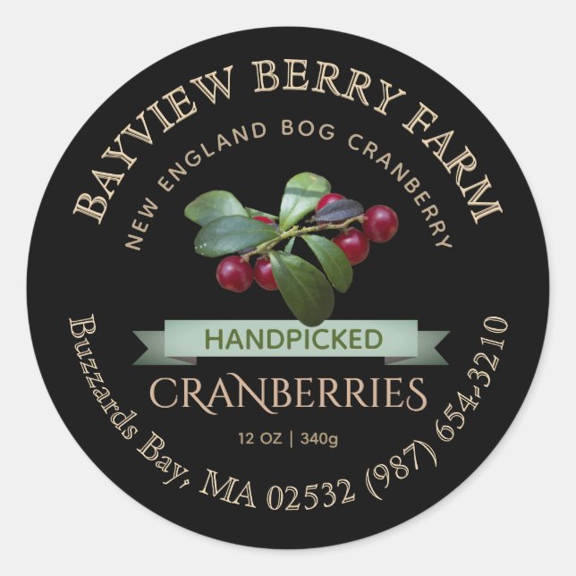 Handpflücktes Cranberry Label Gold auf schwarz Runder Aufkleber (Vorderseite)