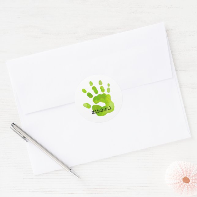 Handprint Kids Grüner Handname Zeitloser Sweet Runder Aufkleber (Umschlag)