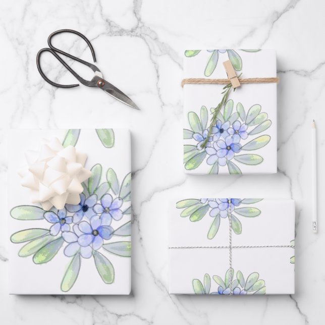 Handrawn water cured gelb, blau-weiße Wildblumen Geschenkpapier Set (Vorderseite)