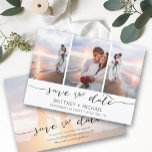 Handschrift 3 Bild weiß Save The Date<br><div class="desc">Wählen Sie die besten Bilder aus Ihrem Verlobung-Shooting oder Ihre Lieblingsfotos von Ihnen beiden für dieses perfekte Save the Date. Save the Date sind die Wörter handgeschrieben, um der Karte ein persönliches Gefühl zu geben. Die Vorderseite hat 3 Bilder und die Rückseite hat ein großes Bild mit einem weißen Filter...</div>