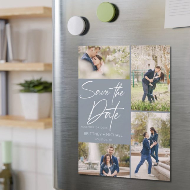 Handschrift Collage Save the Date Dusty Blue Magnetkarte (Von Creator hochgeladen)