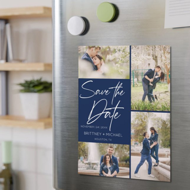 Handschrift Collage Save the Date Navy Blue Magnetkarte (Von Creator hochgeladen)