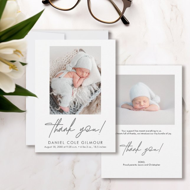 Handschrift Dankeschön Baby Foto Birth Ankündigung (Cute, modern, simple customizable baby photos, thank you, birth announcement flat cards.)