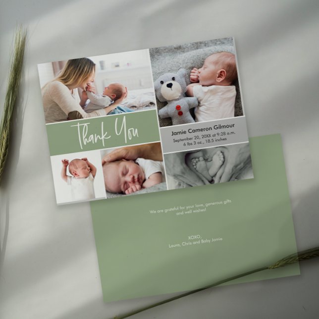 Handschrift Foto Collage Baby Shower Green Dankeskarte (Handlettering thank you baby shower photo collage birth announcement card in green.)