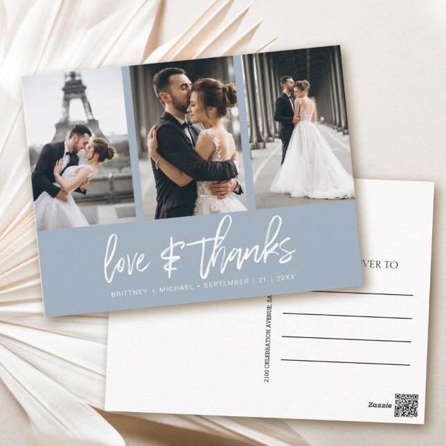 Handschrift Foto Collage Dusty Blue Vielen Dank Postkarte (Show your appreciation to your loved ones with an awesome photo thank-you card!)