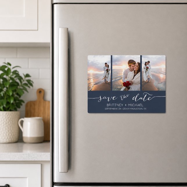 Handschrift Foto Navy Blue Magnetkarte (Elegant navy blue three photo save the date magnet featuring romantic handwritten script typography)