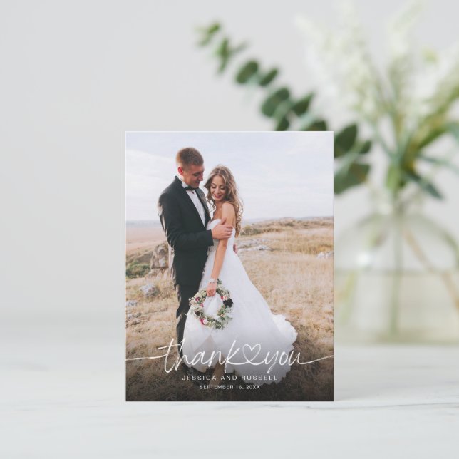 Handschrift mit Herz-Foto Hochzeit Dankeskarte (Stehend Vorderseite)