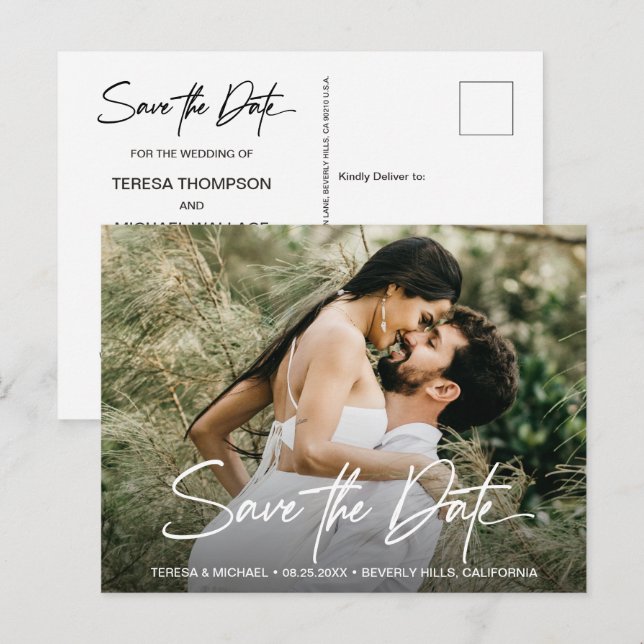 Handschrift Save the Date Benutzerdefiniertes Foto Ankündigungspostkarte (Vorne/Hinten)