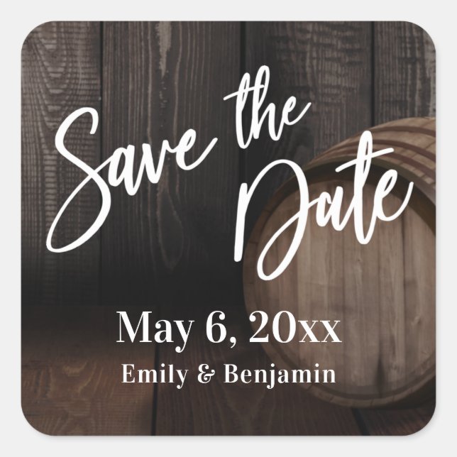 Handschrift Save the Date Brown-Holzfass Quadratischer Aufkleber (Vorderseite)