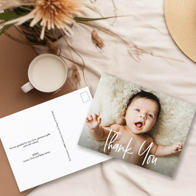 Handschrift Script Horizontal Foto Babydusche Postkarte (Modern Handlettering thank you script baby photo postcard.)