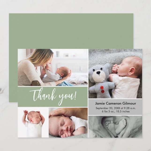 Handschrift Script Multi-Foto Baby Shower Green Dankeskarte (Vorne/Hinten)