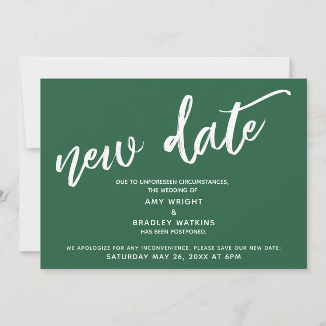 Handschrift verzögert Hochzeit neues Datum dunkelg Einladung (Vorderseite)