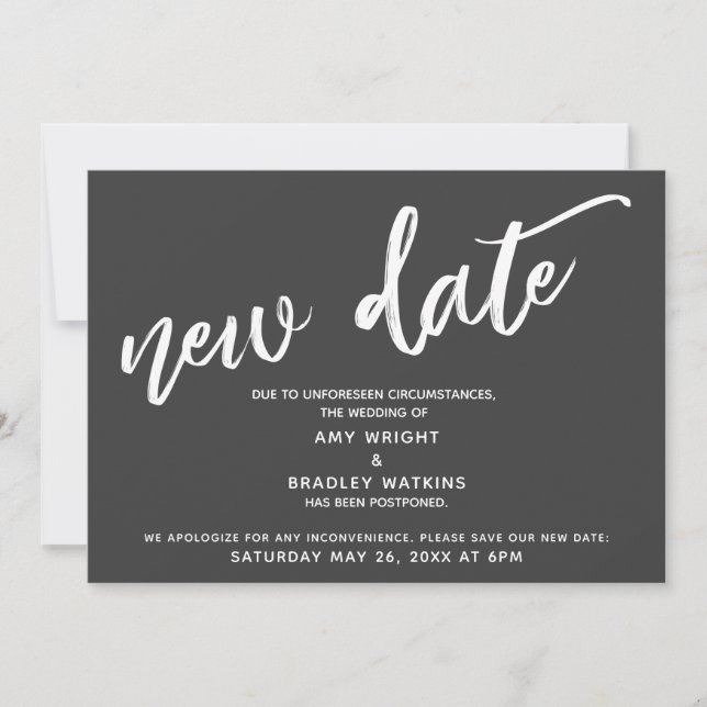 Handschrift verzögert Hochzeit neues Datum dunkelg Einladung (Vorderseite)
