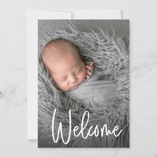 Handschrift Welcome Foto Trendy Script Baby Dankeskarte (Vorderseite)