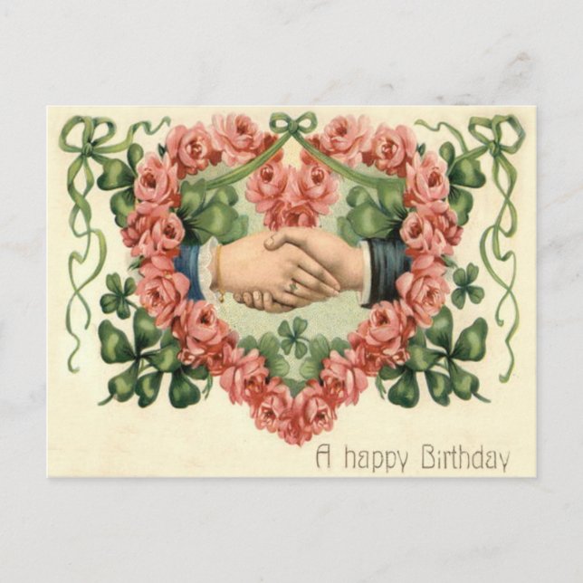Handshake Rose Heart Vierblättriges Kleeblatt Postkarte (Vorderseite)