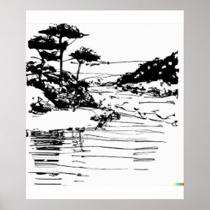 Handskizze des fließenden Flusses in Ukiyo-E art Poster