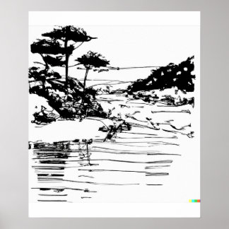Handskizze des fließenden Flusses in Ukiyo-E art Poster