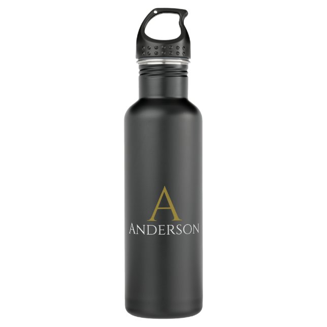 Handsome Black Modern Gold Monogram Edelstahlflasche (Vorderseite)