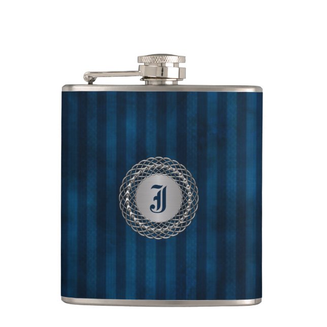Handsome Blue Striping Custom Monogram Flask Flachmann (Vorderseite)