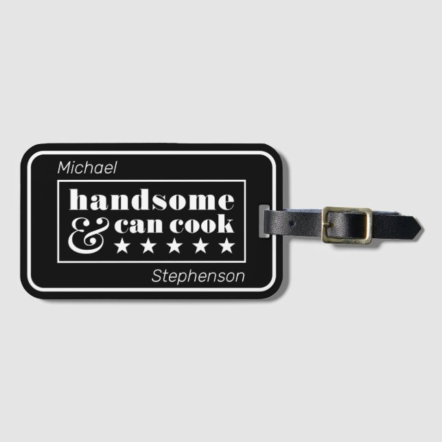 Handsome & Can Cook Black Typography Father's Day Gepäckanhänger (Vorderseite (Horizontal))