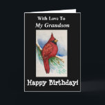 Handsome Kardinal Birthday My Grandson Bold Bird Karte<br><div class="desc">Geben Sie Ihrem Enkel ein originelles Aquarellbild eines Kardinals auf einer Zweigkarte zum Geburtstag. Er wird die GREAT Wünsche von innen genießen. Birdwatchers werden sich über das Design freuen, das realistische Details zeigt, die in lebhaften Farben rot und schwarz gemalt werden. Naturkundefans werden diese Karte mit einem einzigartigen Blick auf...</div>