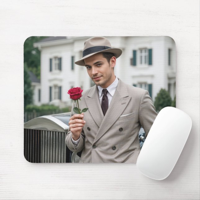 Handsome Man hält eine Rote Rose Mousepad (Mit Mouse)
