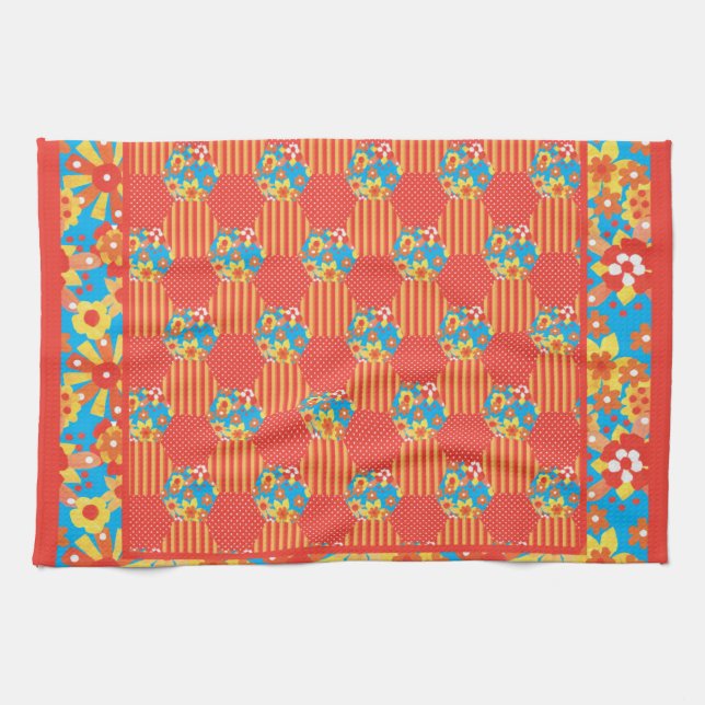 Handtuch oder Teetuch, orange, blaue Fliesen (Horizontal)