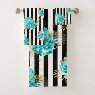 Handtuch Set Aqua Blue Floral Black Vert. Streifen