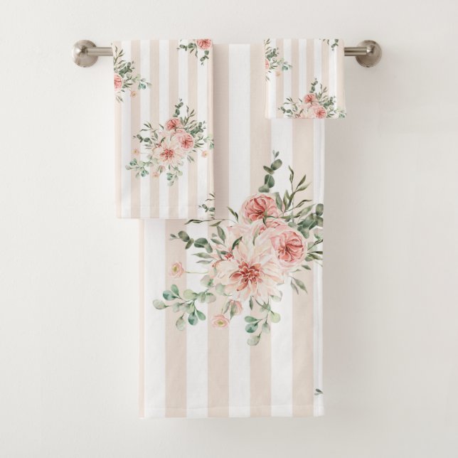 Handtuch Set Rosa Blütenpinke Vert. Weiße Streifen (Insitu)