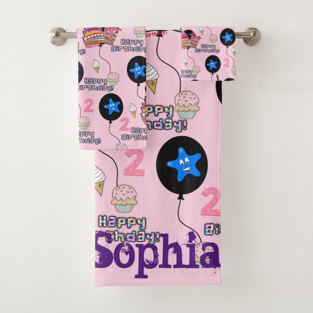Handtuchhalter, 2. Happy 2. Geburtstag Pink Badhandtuch Set (Insitu)