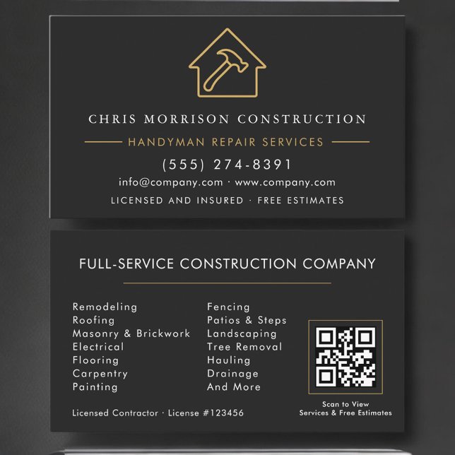 Handwerker Bau Black Gold QR Code Visitenkarte (Von Creator hochgeladen)