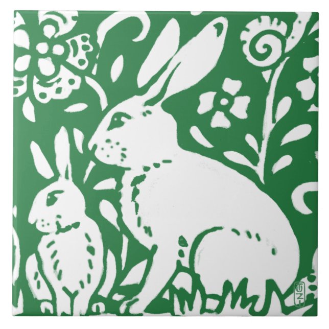 Handwerker Stil Rabbit Bunny Emerald Green Floral Fliese (Vorderseite)