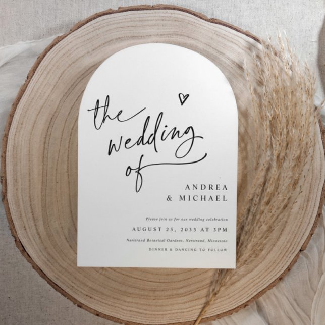 Handwriting Arch Heart Wedding Modern QR Code Einladung (Modern black and white arch wedding invitation with hand drawn heart and qr code details on the back)