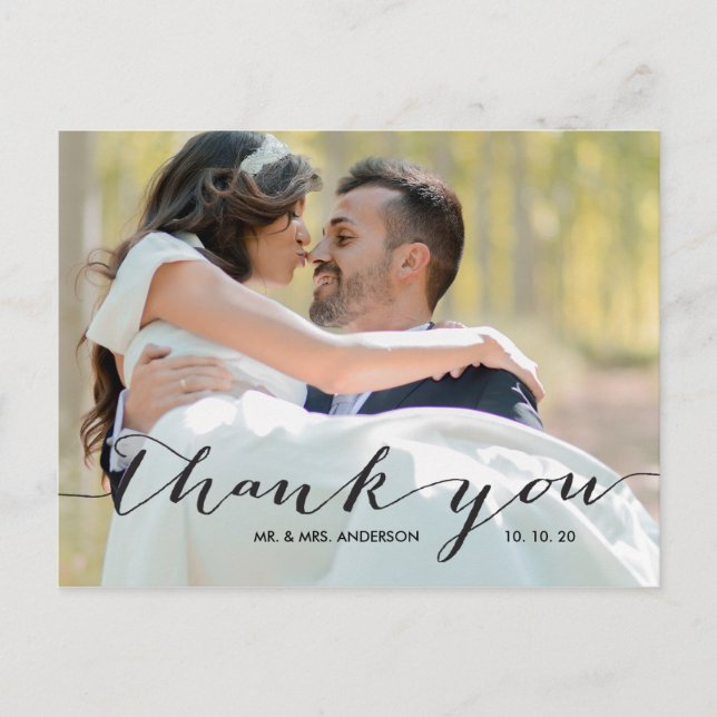 Handwriting Black 2 Foto Hochzeit Vielen Dank Postkarte (Vorderseite)