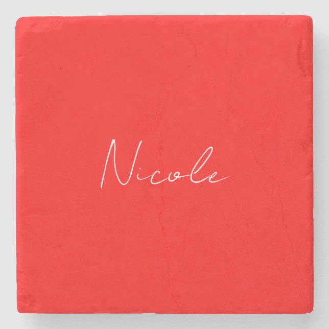 Handwriting Eleganter Name Rot Weiße Farbe Schlich Steinuntersetzer (Vorderseite)