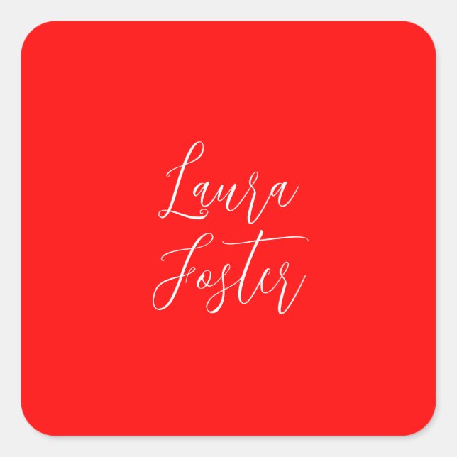 Handwriting Elegantname Red Color Schlicht Quadratischer Aufkleber (Vorderseite)