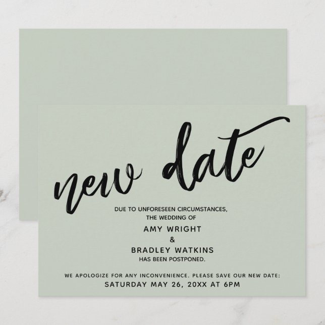 Handwriting Postpected Wedding Update Sage Card Einladung (Vorne/Hinten)