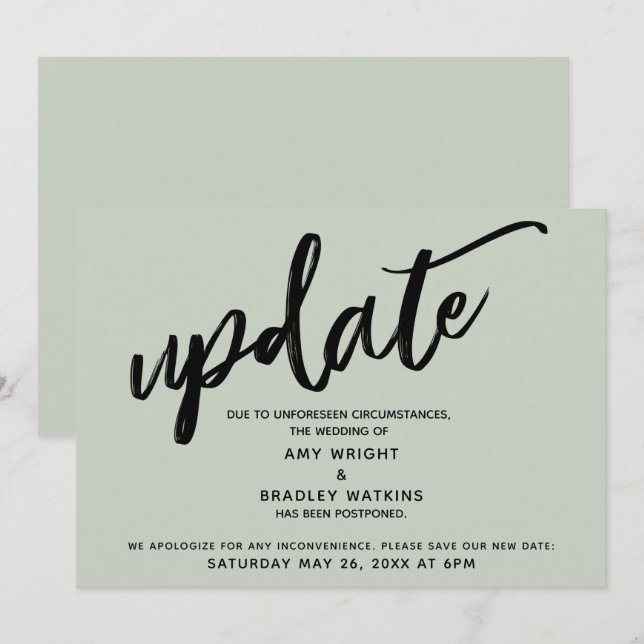 Handwriting Postpected Wedding Update Sage Card Einladung (Vorne/Hinten)