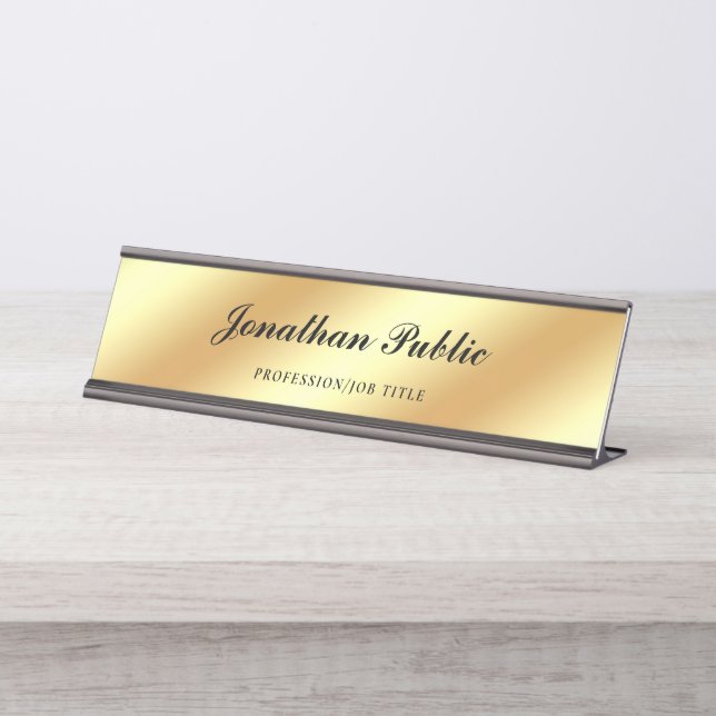 Handwriting Skript Elegante Gold Moderne Vorlage Schreibtischnamensplakette (Vorderseite )