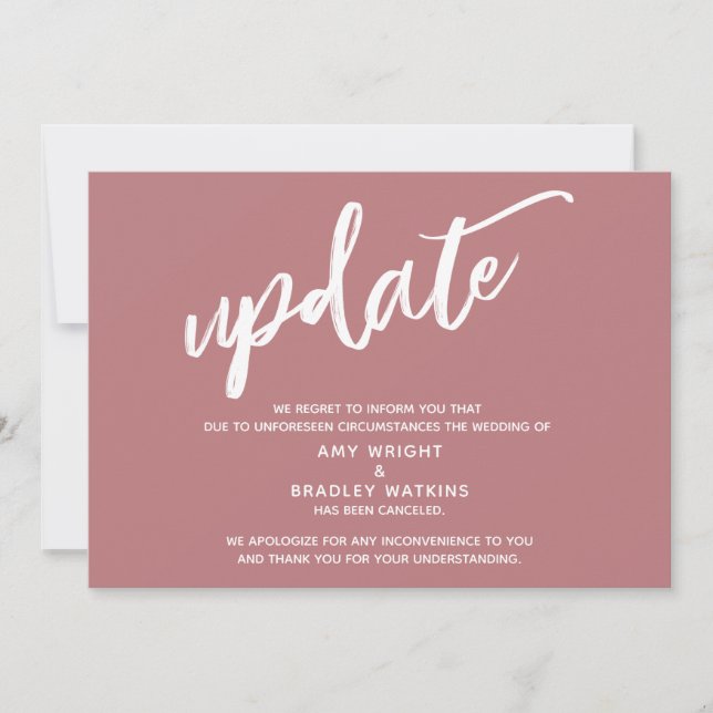 Handwriting Storniert Hochzeitsupdate Dusty Rose Einladung (Vorderseite)