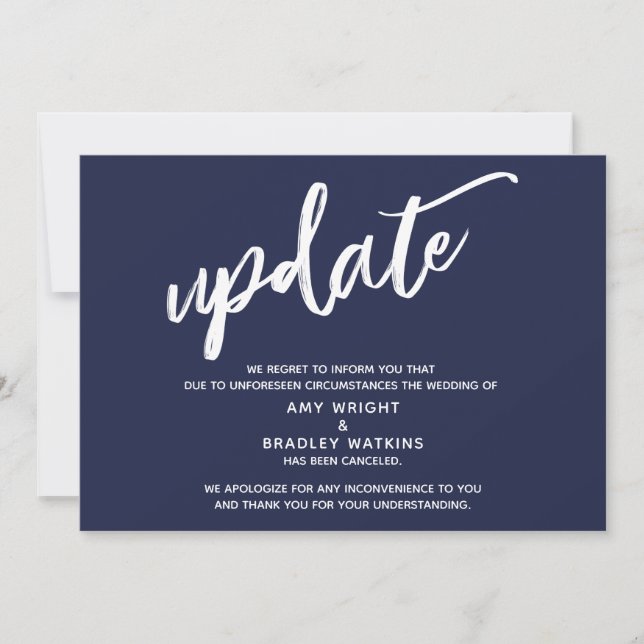 Handwriting storniert Hochzeitsupdate Navy Blue Einladung (Vorderseite)